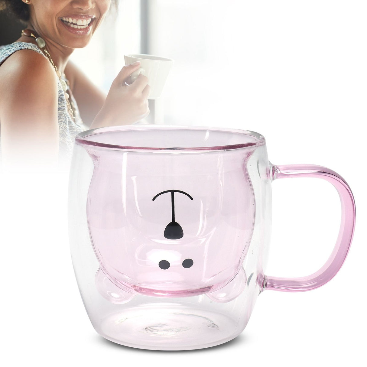 250ml Bear Shaped Glass Cup Double Wall Water Tea Coffee Milk Mug with Handle for HomePink