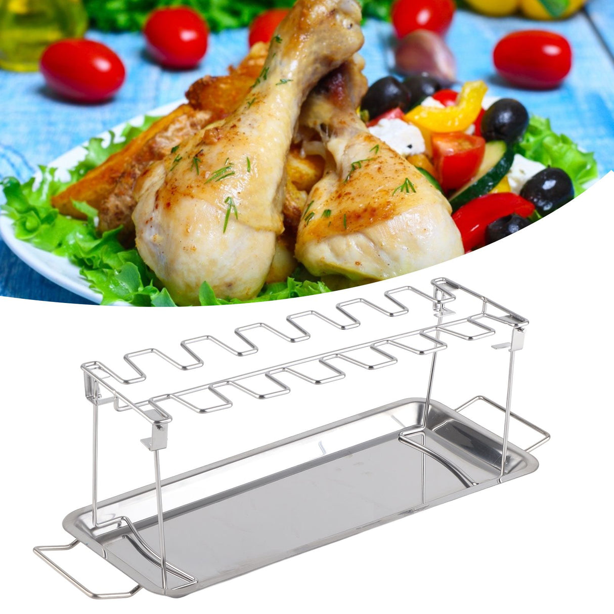 Chicken Leg Grill Rack with Drip Pan Stainless Steel Roaster Stand Barbecue Accessory