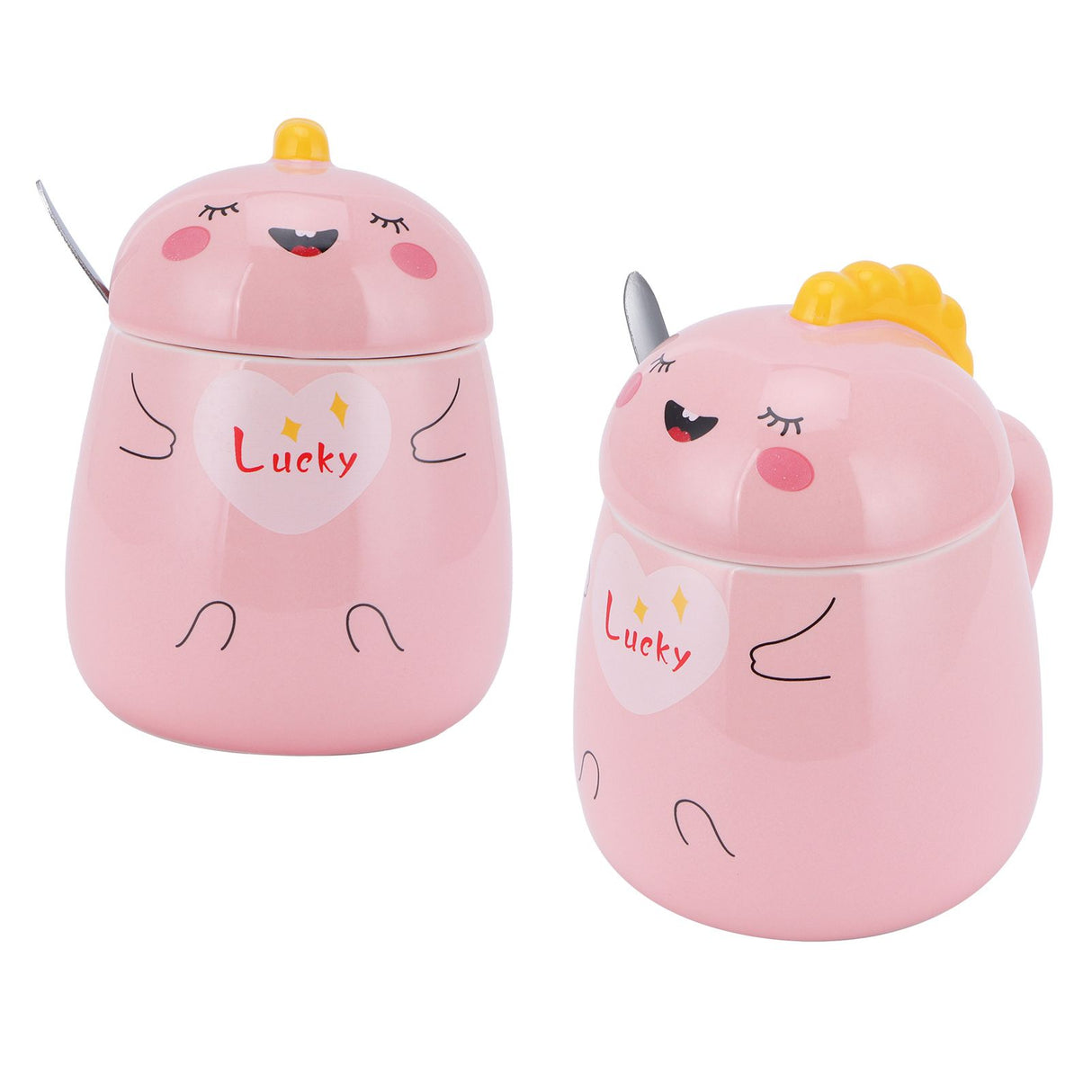 450ml Cute Ceramic Cup with Lid Spoon Water Cup Coffee Mug Girl Gift for Home OfficePink Lucky