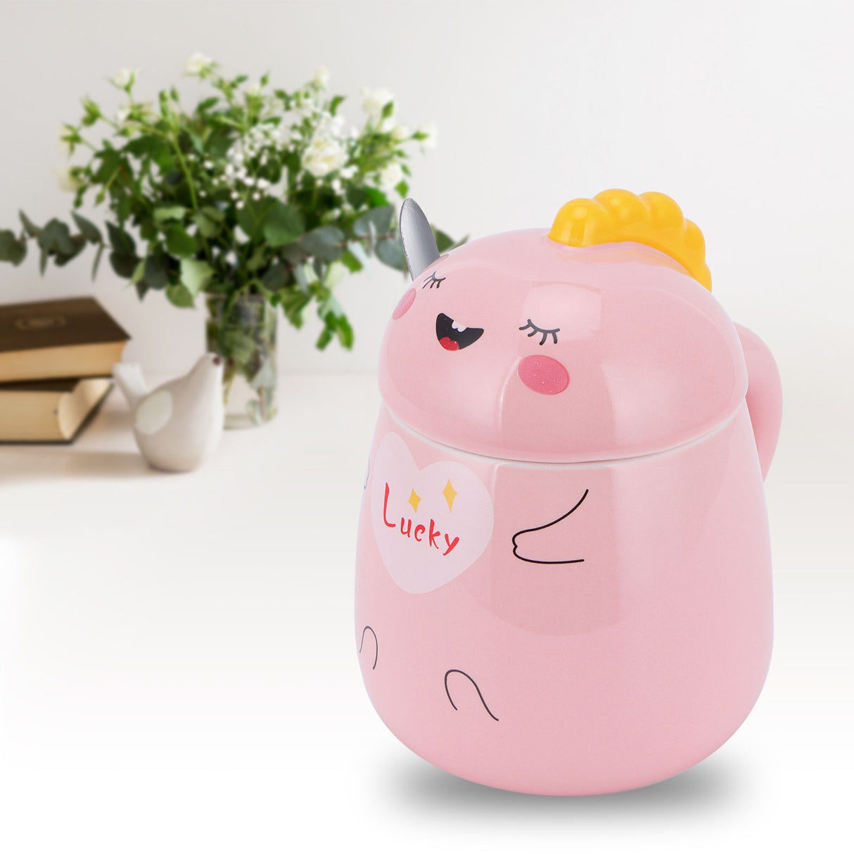 450ml Cute Ceramic Cup with Lid Spoon Water Cup Coffee Mug Girl Gift for Home OfficePink Lucky