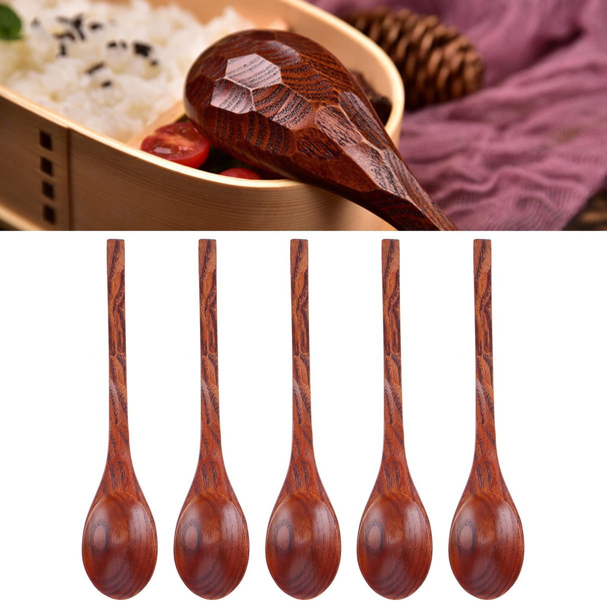5PCS Japanese Style Wood Spoon Long Handle Soup Spoons Household Tableware Kitchen Tools