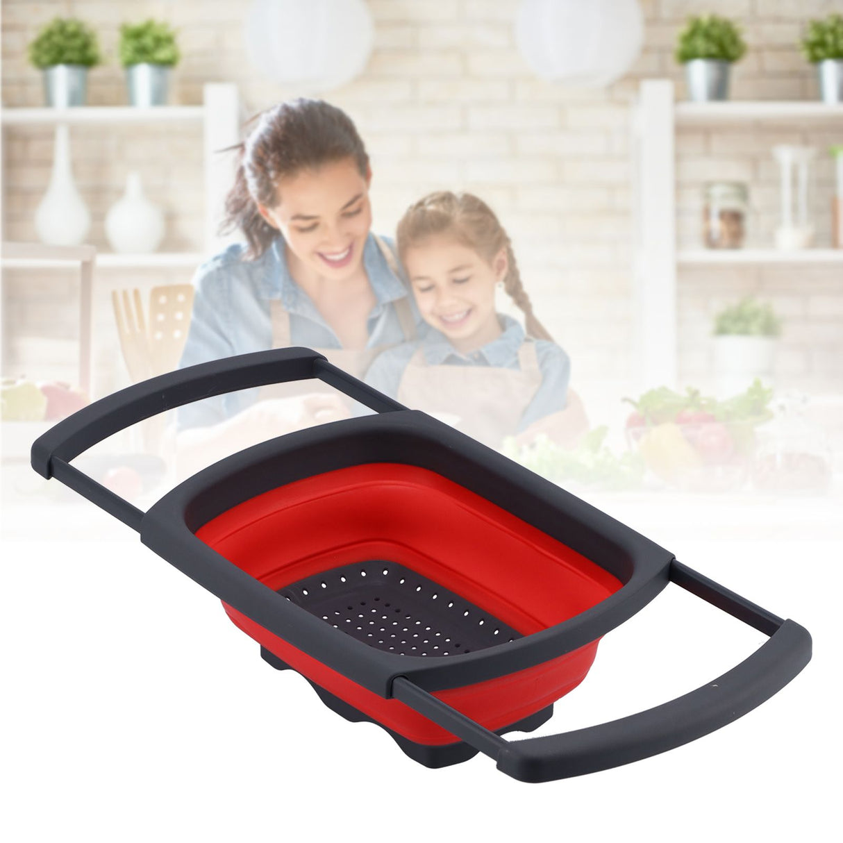 Folding Drain Basket Retractable Fruit Vegetable Washing Draining Basket for Home Kitchen UseRed
