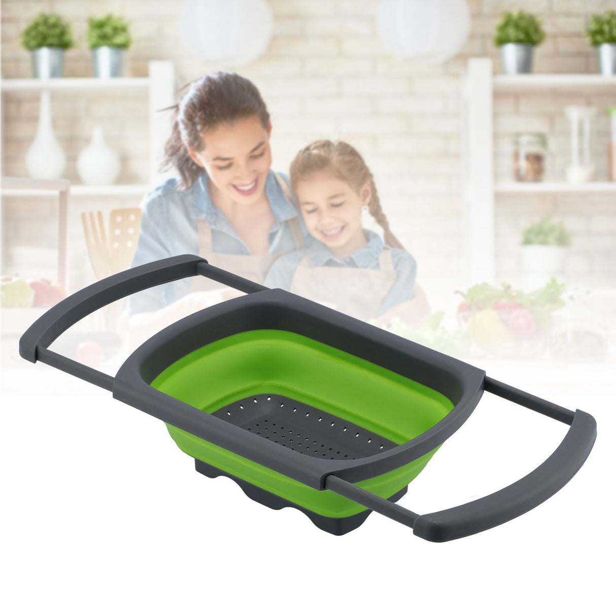 Folding Drain Basket Retractable Fruit Vegetable Washing Draining Basket for Home Kitchen UseGreen