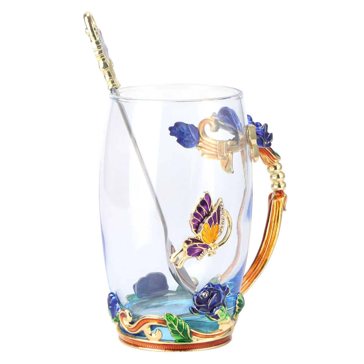 Glass Cup Innovative Flower Tea Cup with Spoon Drink Mug Birthday Christmas Festive GiftsBlue Rose 350ML