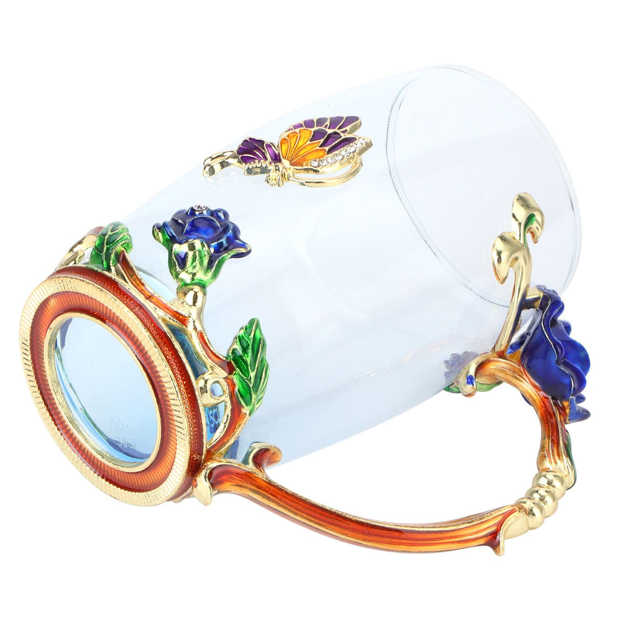 Glass Cup Innovative Flower Tea Cup with Spoon Drink Mug Birthday Christmas Festive GiftsBlue Rose 350ML
