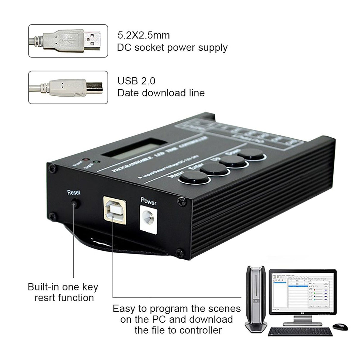 DC12/24V 20A Programmable LED Time Controller 5 Channels Color Adjustable With CD USB Cable