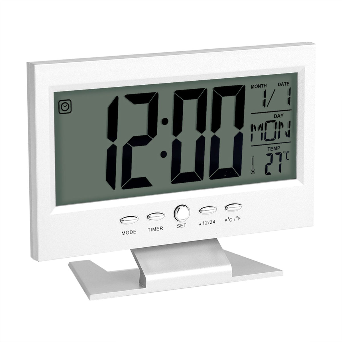 LCD Digital Sound Sensor Table Desk Alarm Clock with Calendar and Temp Display Silver