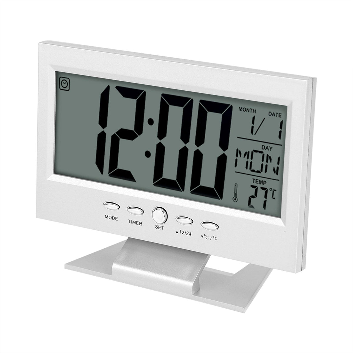 LCD Digital Sound Sensor Table Desk Alarm Clock with Calendar and Temp Display Silver