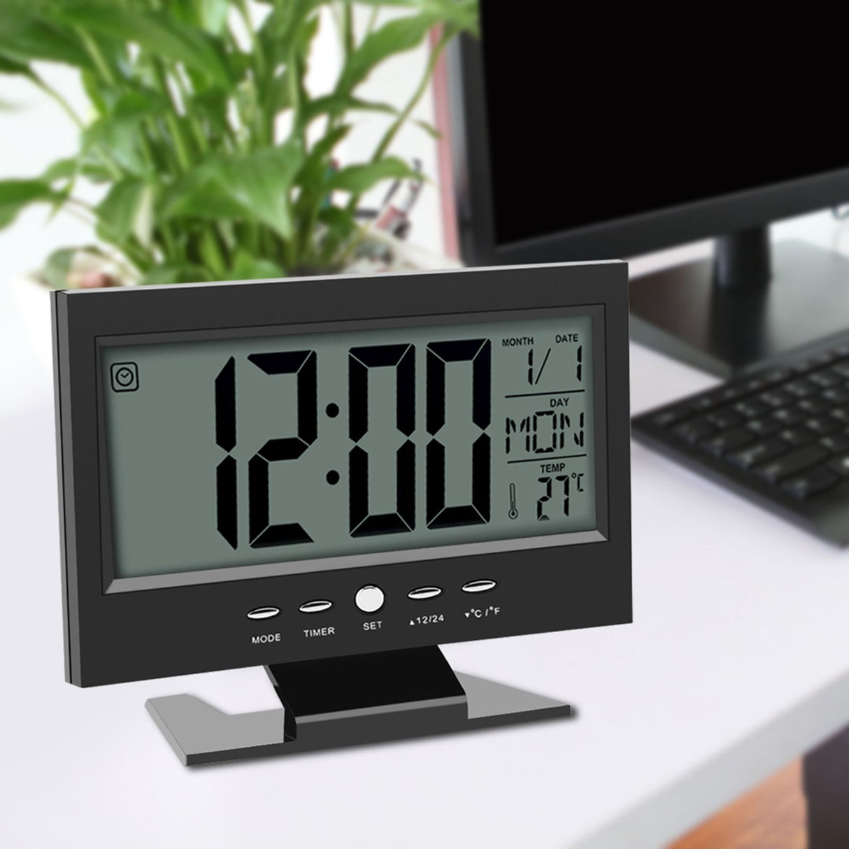 LCD Digital Sound Sensor Table Desk Alarm Clock with Calendar and Temp Display Black