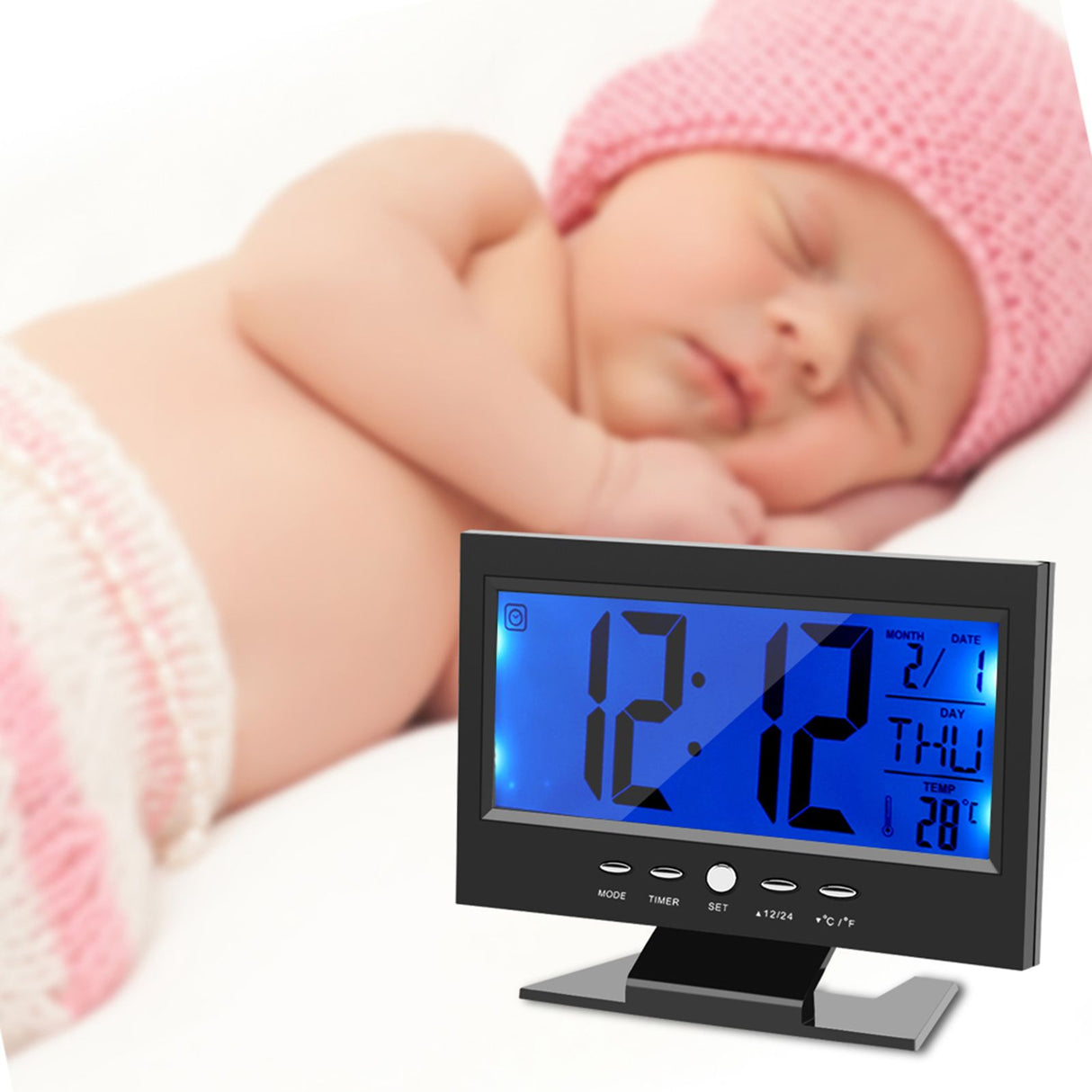 LCD Digital Sound Sensor Table Desk Alarm Clock with Calendar and Temp Display Black