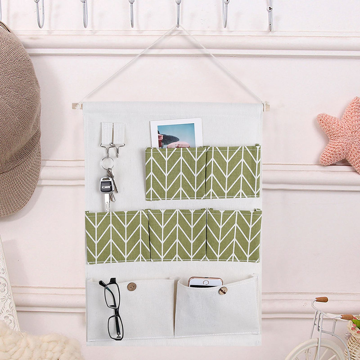 7 Pockets Cotton Linen Wall Hanging Storage Bags Door Pouch Bedroom Home Organizer Green