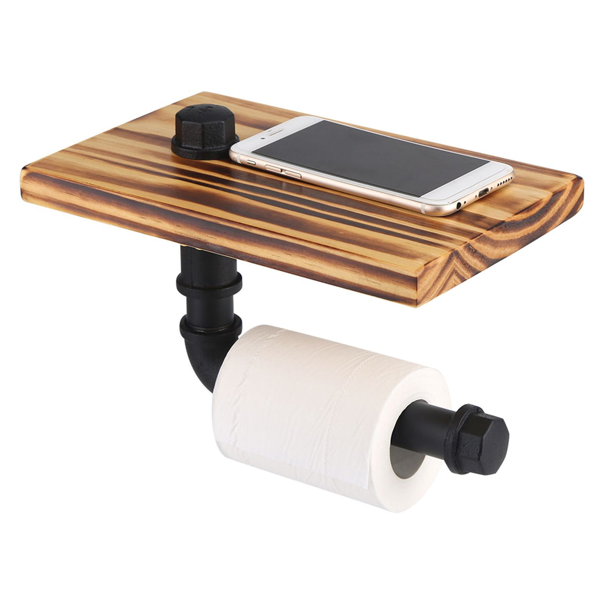 lIron Pipe Wall Mount Paper Holder Rack Wood Shelf Bathroom Toilet