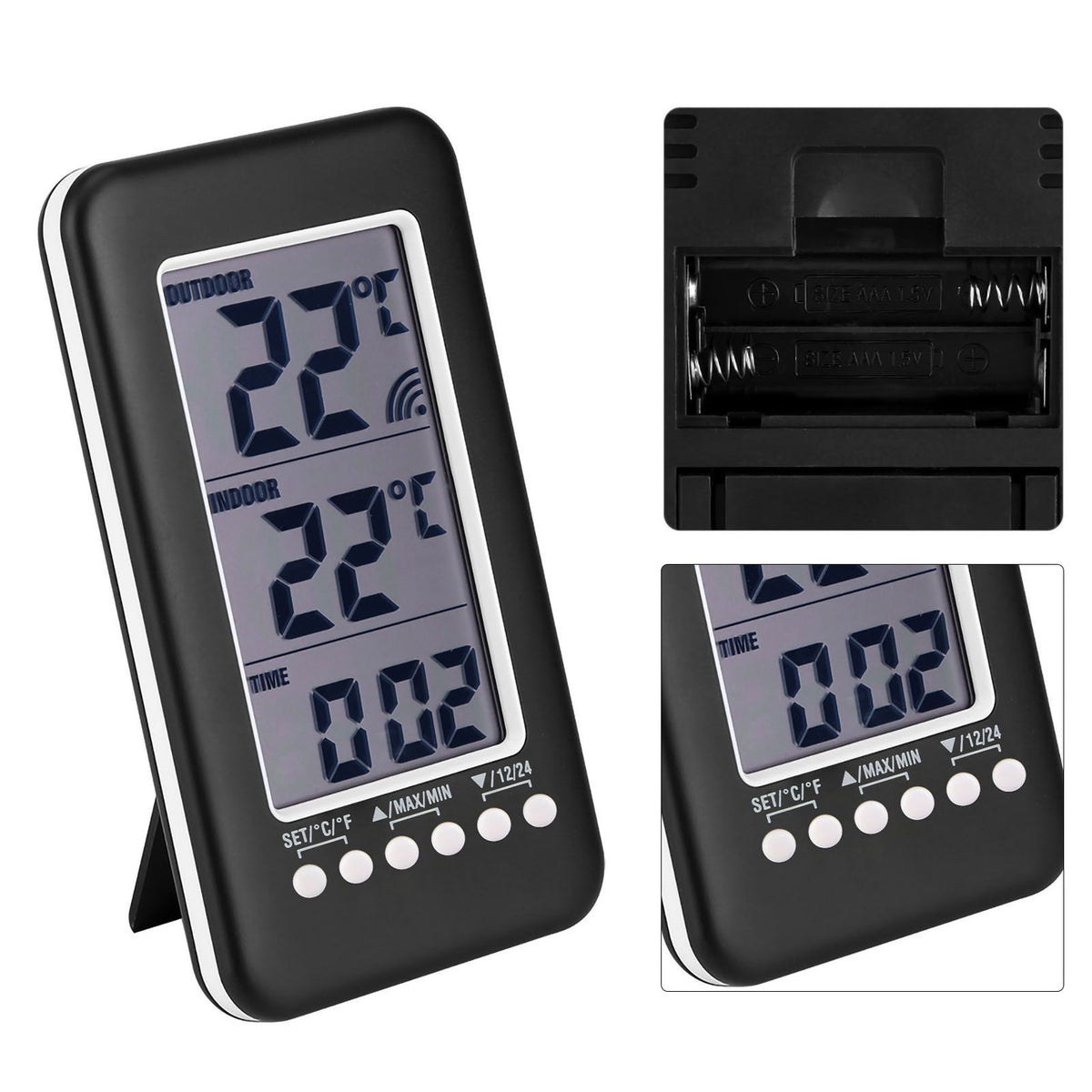 LCD Digital Indoor Outdoor Thermometer Clock Temperature Meter Wireless Transmitter