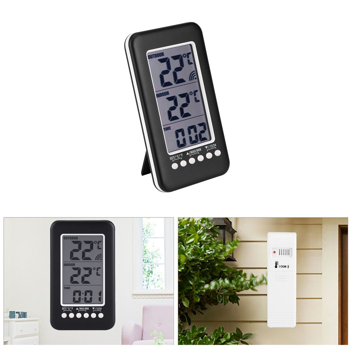 LCD Digital Indoor Outdoor Thermometer Clock Temperature Meter Wireless Transmitter