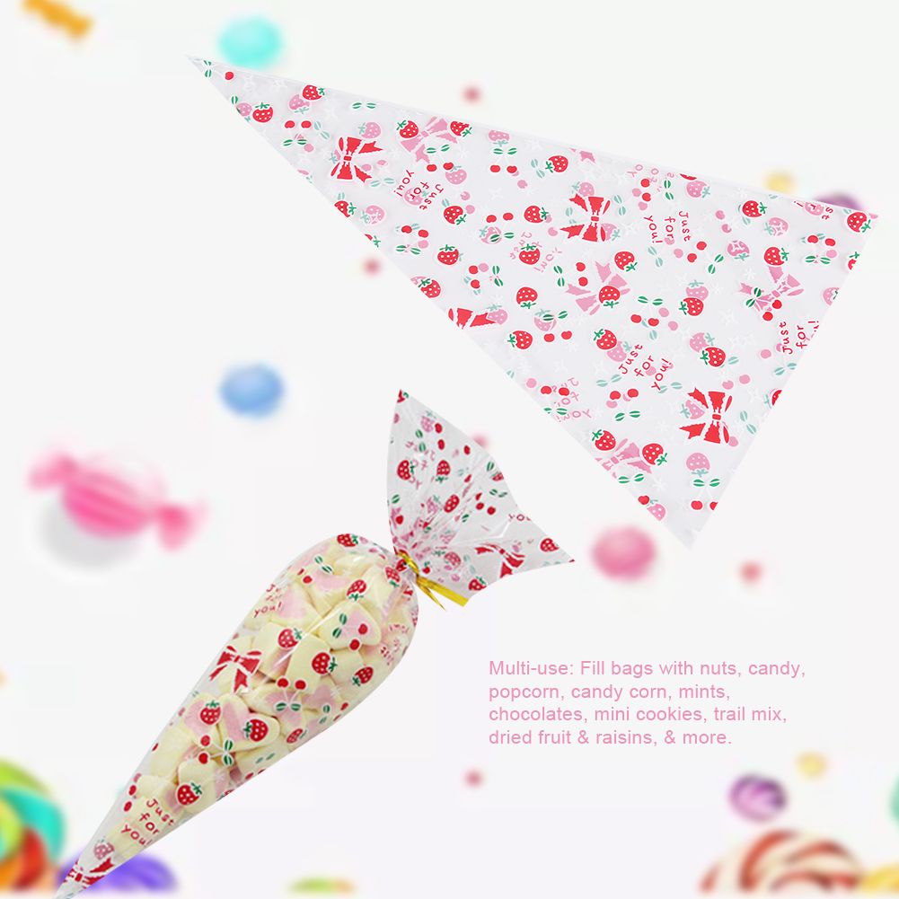 50 Clear Cone shaped Treat Popcorn Bags Treat Bags Cellophane Candy Bags with twist tie Cherry