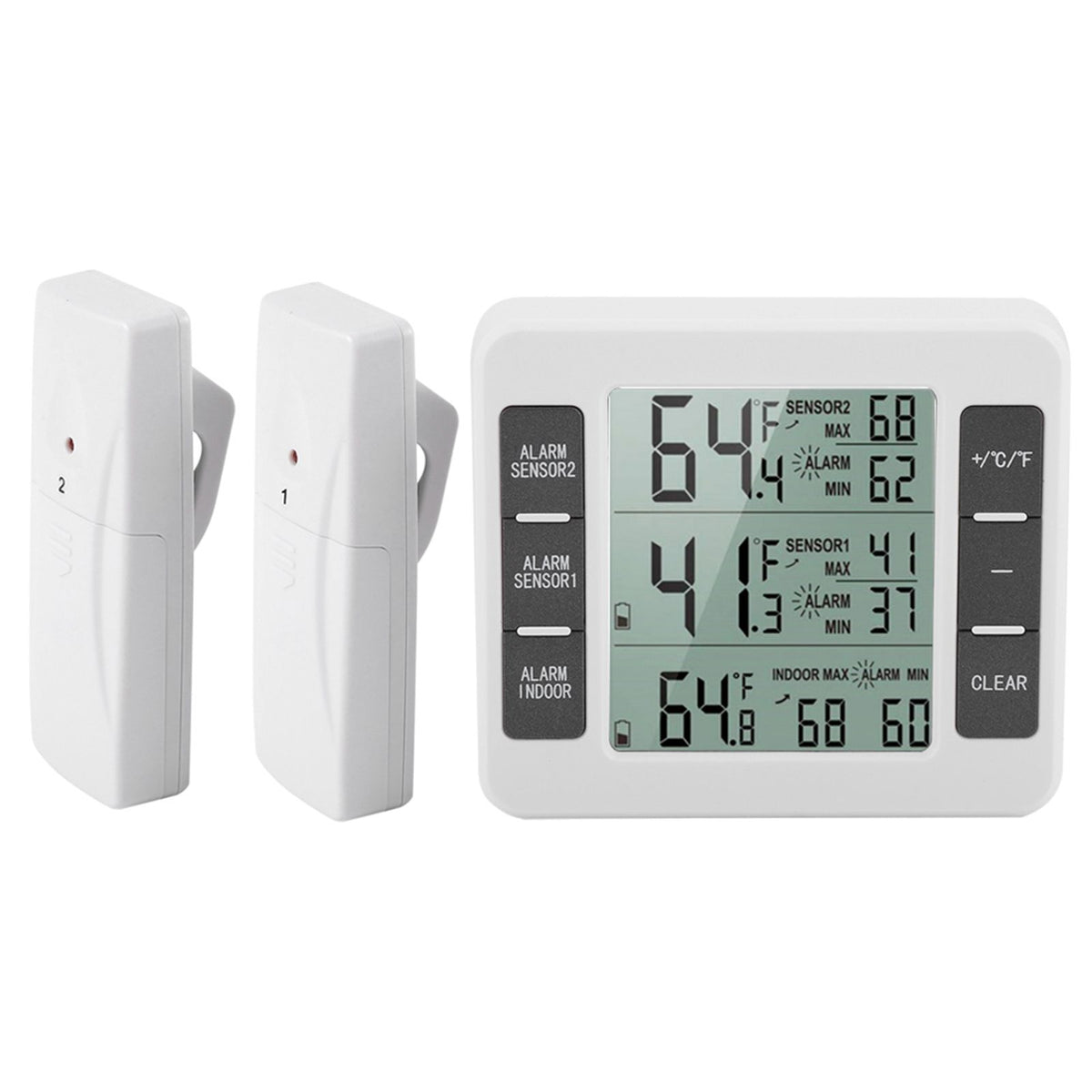 Wireless Digital Audible Alarm Refrigerator Thermometer with 2PCS Sensor Min/Maximum Display