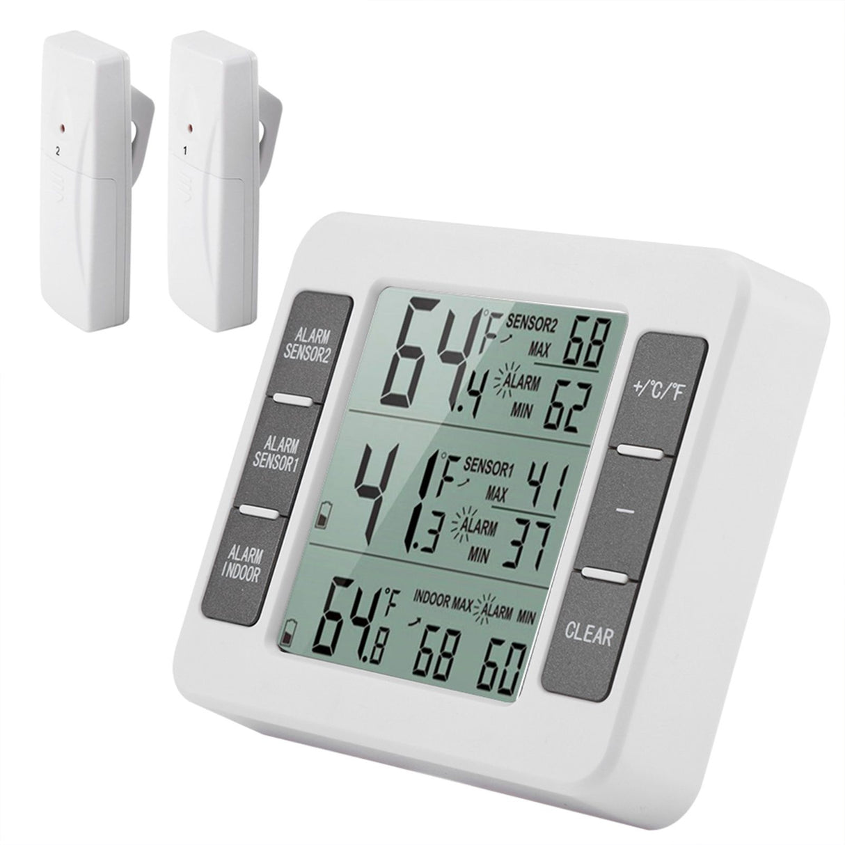 Wireless Digital Audible Alarm Refrigerator Thermometer with 2PCS Sensor Min/Maximum Display