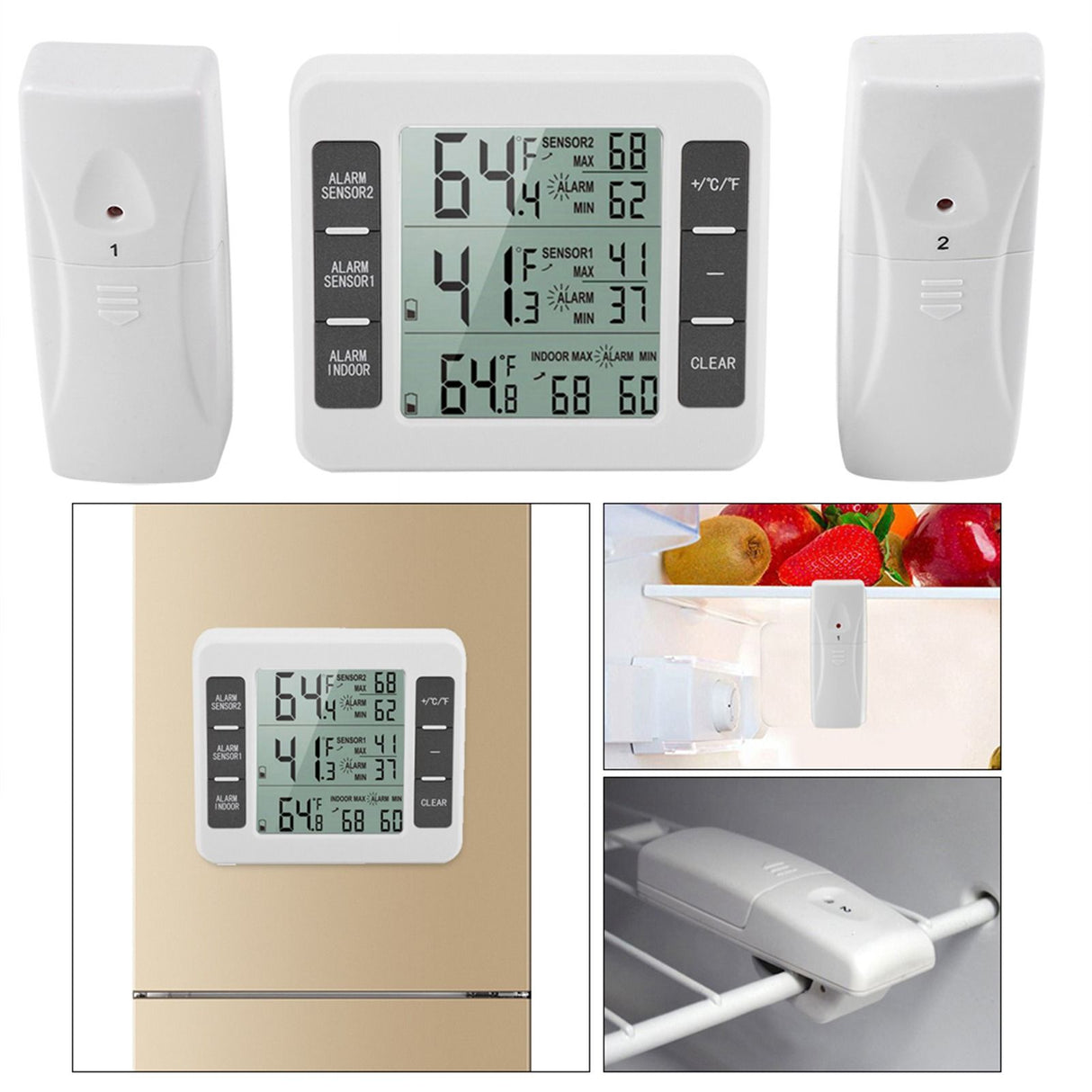 Wireless Digital Audible Alarm Refrigerator Thermometer with 2PCS Sensor Min/Maximum Display
