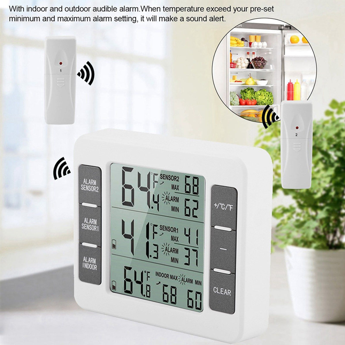 Wireless Digital Audible Alarm Refrigerator Thermometer with 2PCS Sensor Min/Maximum Display