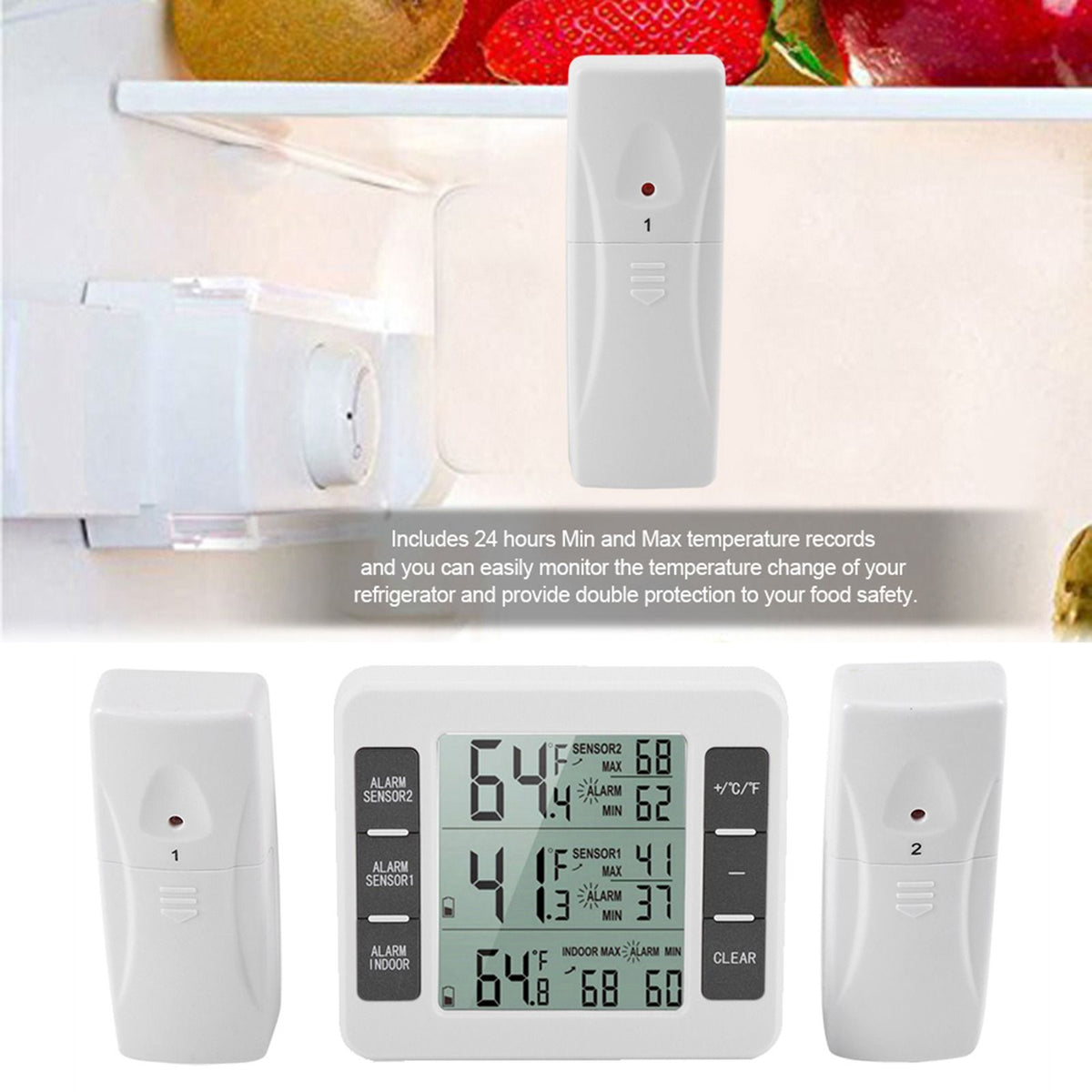 Wireless Digital Audible Alarm Refrigerator Thermometer with 2PCS Sensor Min/Maximum Display