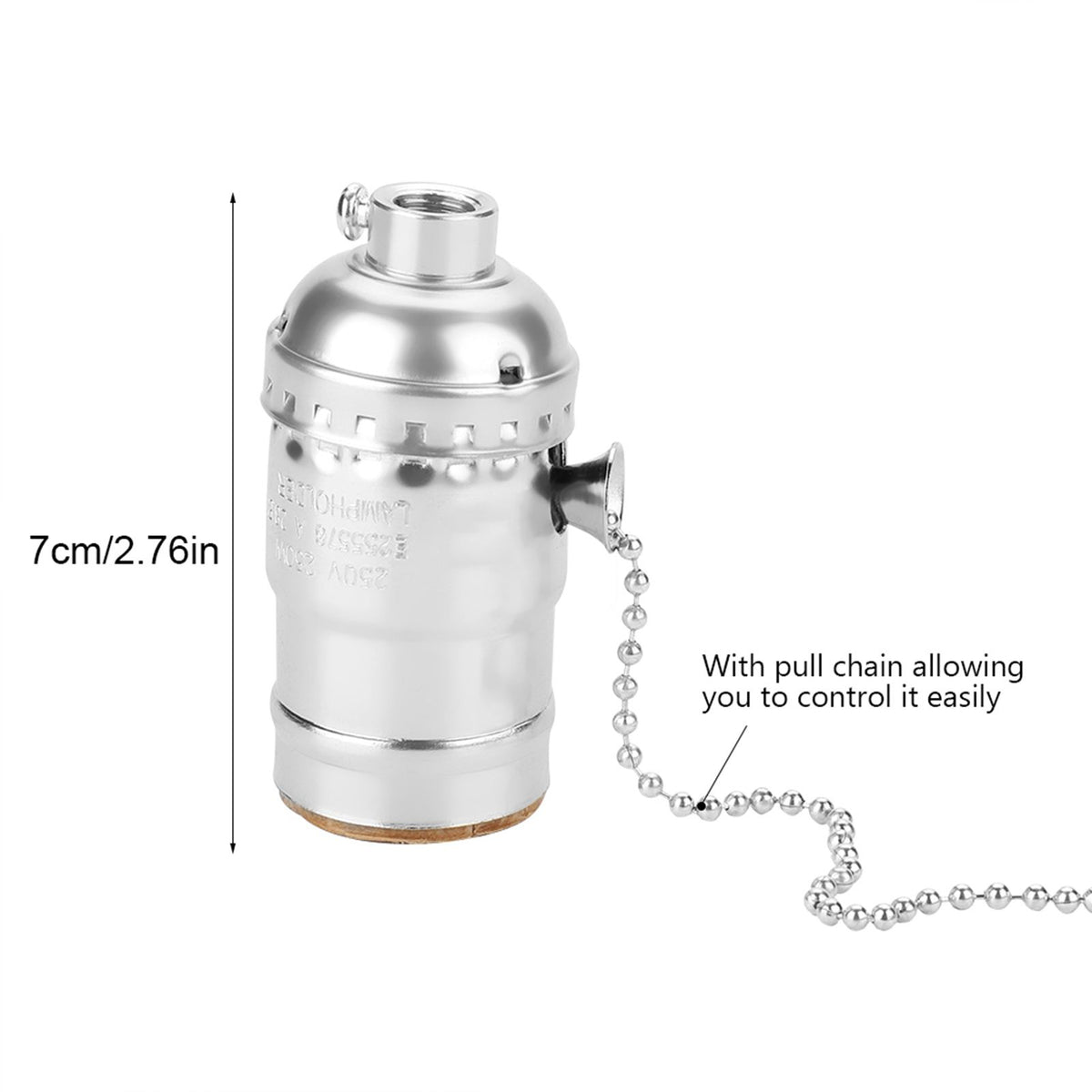 E27 Aluminum Vintage Light Socket with Pull Chain Desk Lamp Lighting Holder Screw Base (Silver)