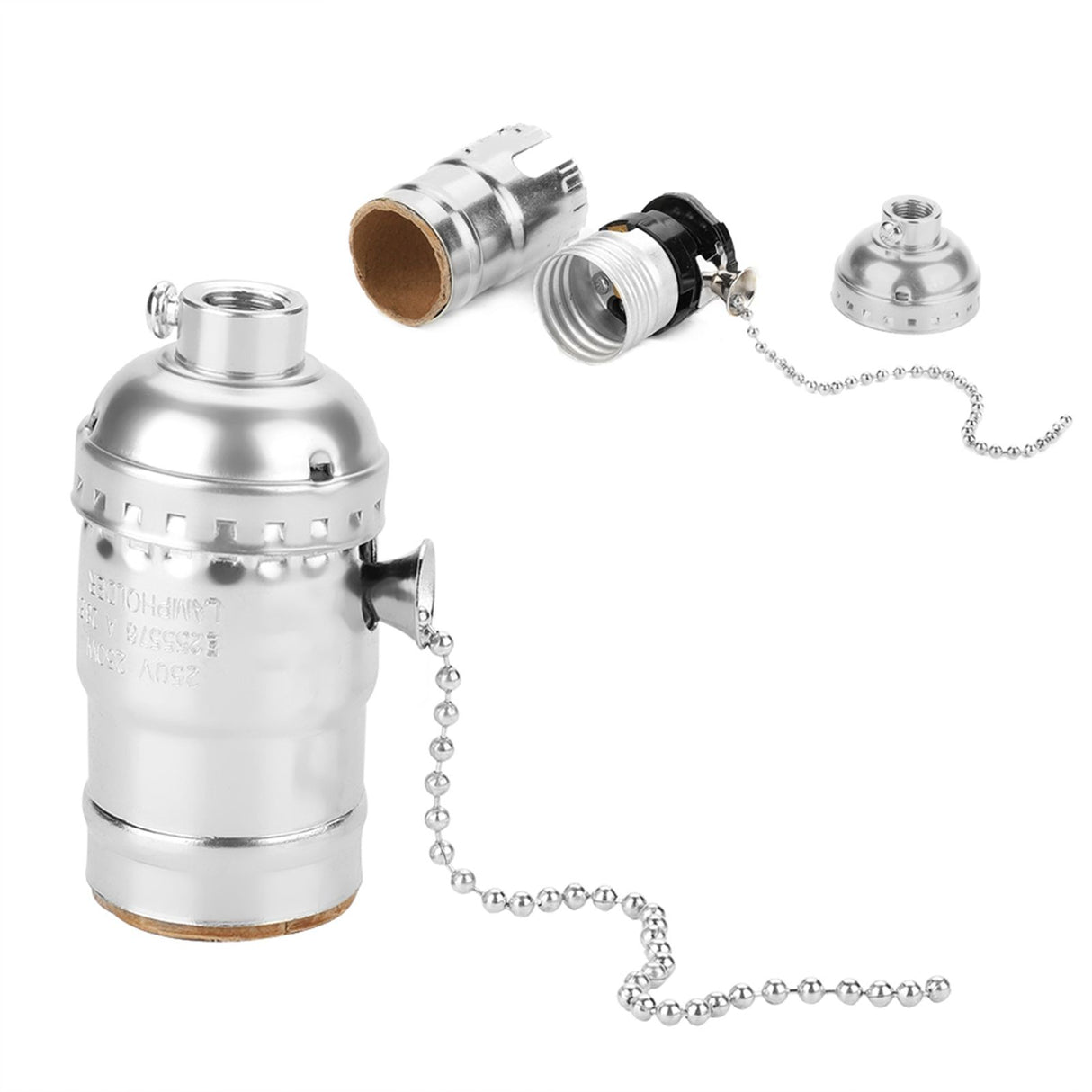 E27 Aluminum Vintage Light Socket with Pull Chain Desk Lamp Lighting Holder Screw Base (Silver)