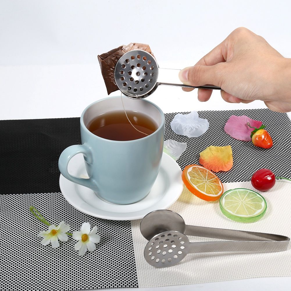 2pcs Kitchen Craft Tool Stainless Steel Round Tea Bag Tongs Squeezer Holder Grip