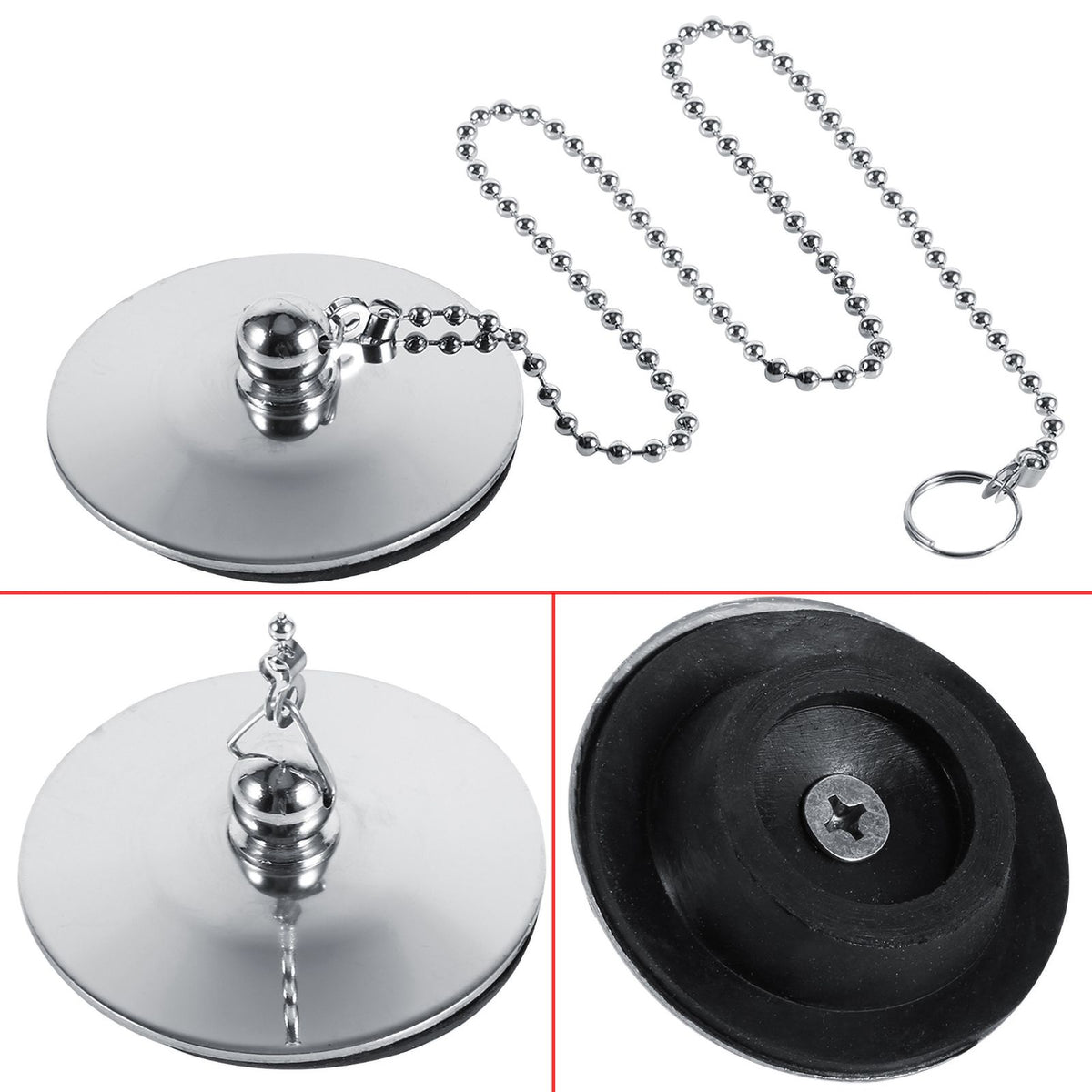 Chrome Kitchen Sink Bathroom Bathtub Drain Cover Stopper Solid Metal Waste Plug With Chain