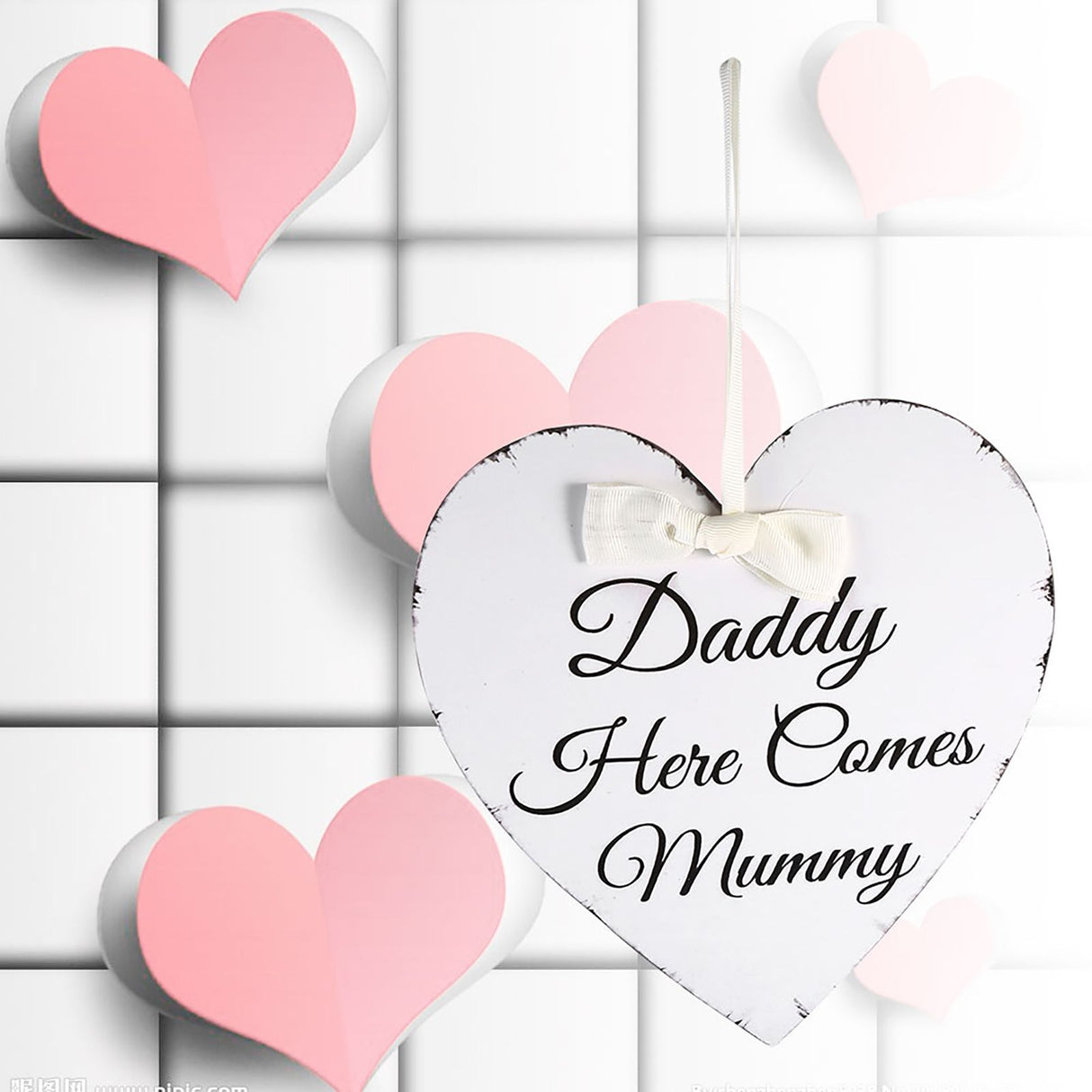Vintage Love Heart Shape Daddy Here Comes Mummy Wedding Party Wooden Hanging Sign Plaque Gift