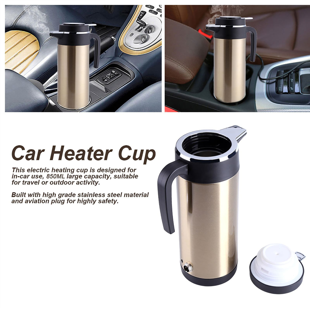 850mL 12V Portable in Car Stainless Steel Electric Heating Cup Boiling Water Bettle Travel Use