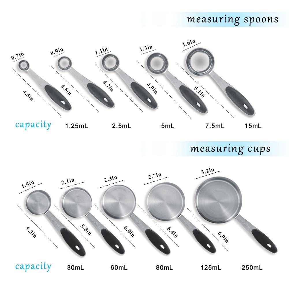 Ejoyous 10 Pieces Stainless Steel Measuring Cups and Spoons with Silicone Handle Grip Kitchen M
