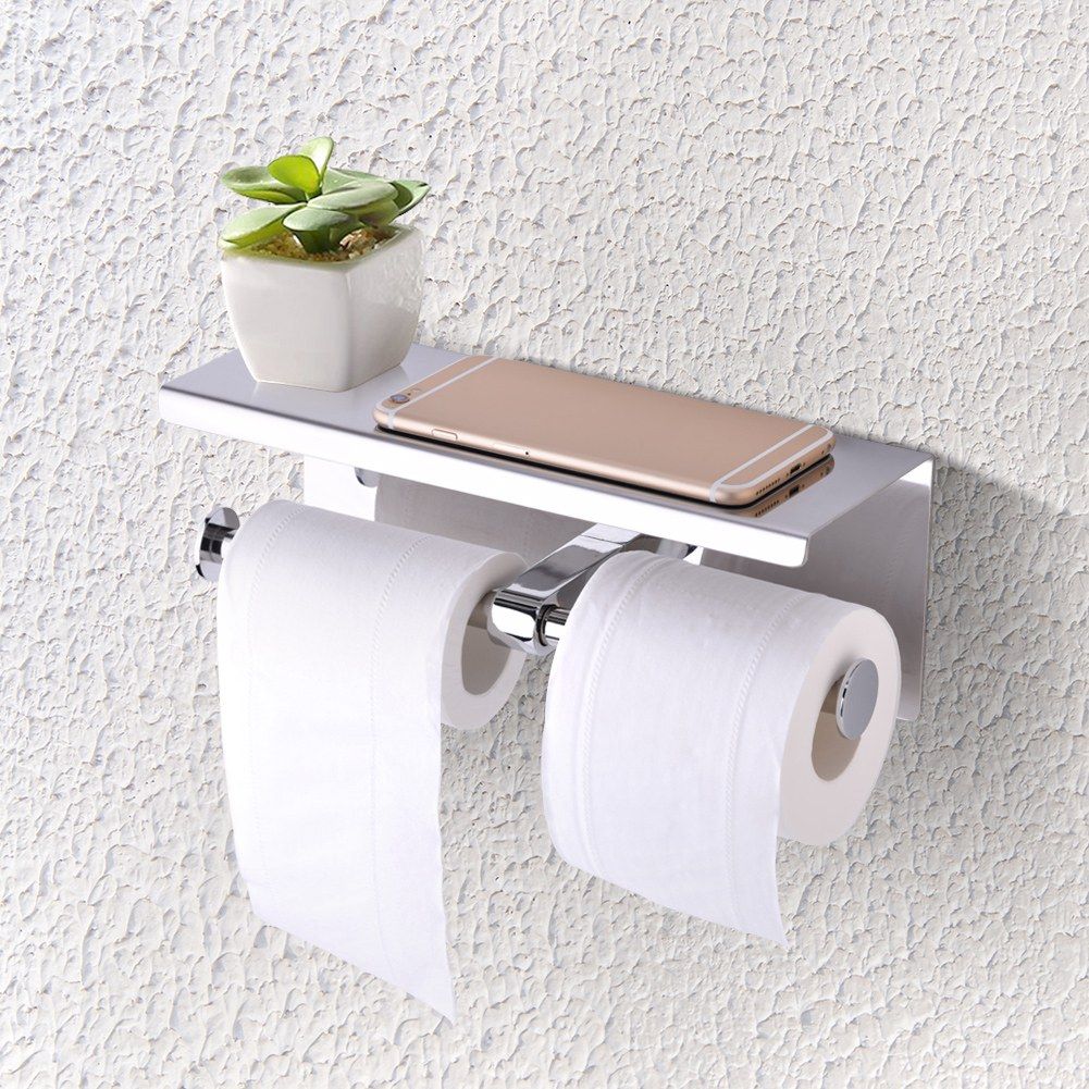 Wall Mounted SUS 304 Stainless Steel Double Roll Toilet Paper Holder, Dual Paper Tissue Roll