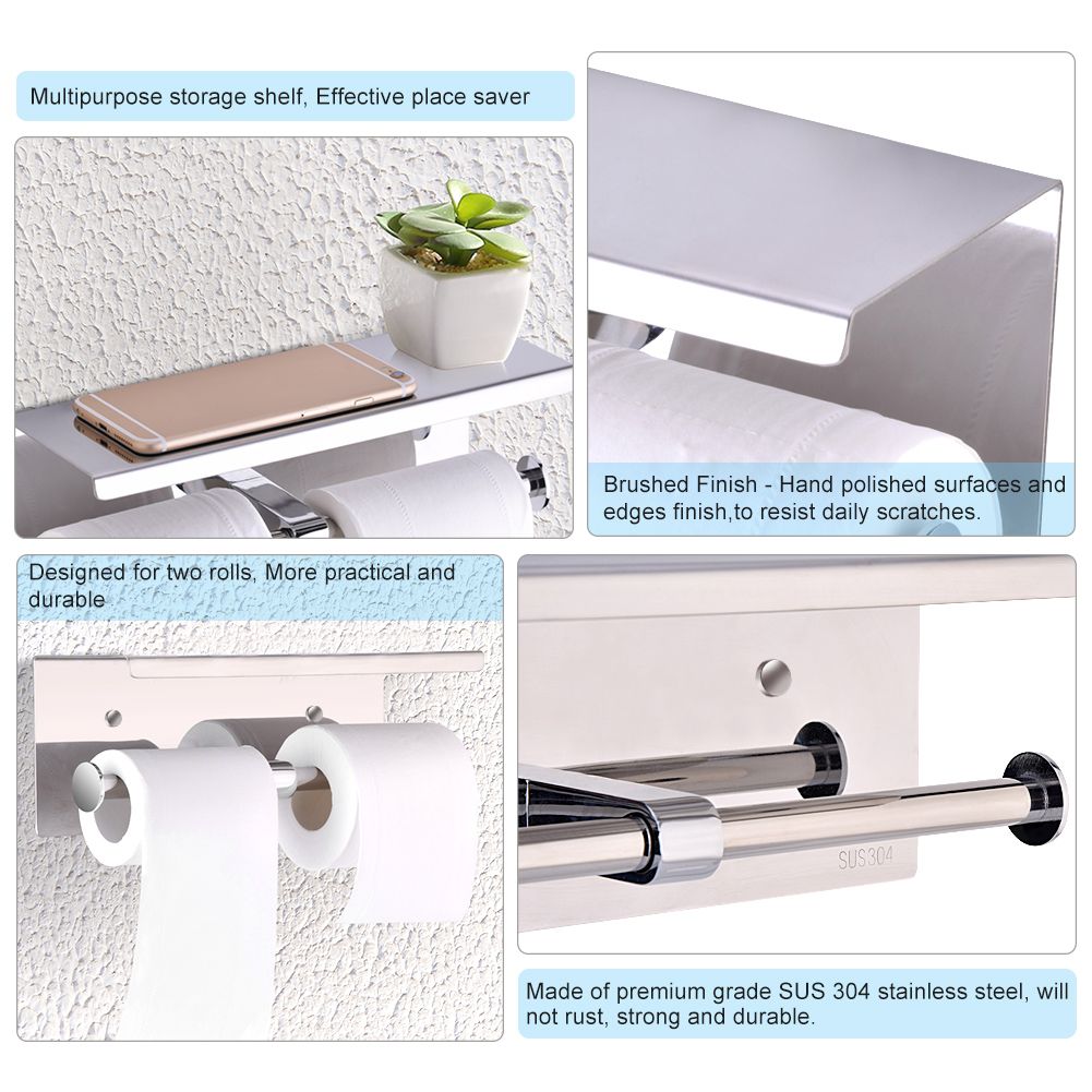 Wall Mounted SUS 304 Stainless Steel Double Roll Toilet Paper Holder, Dual Paper Tissue Roll