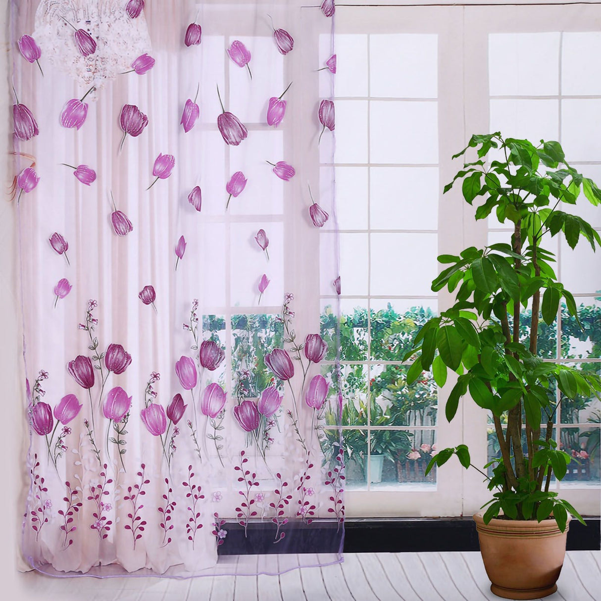 100*200cm Tulips Printing Tulle Curtains Sheer Drape Balcony Window Decoration Purple