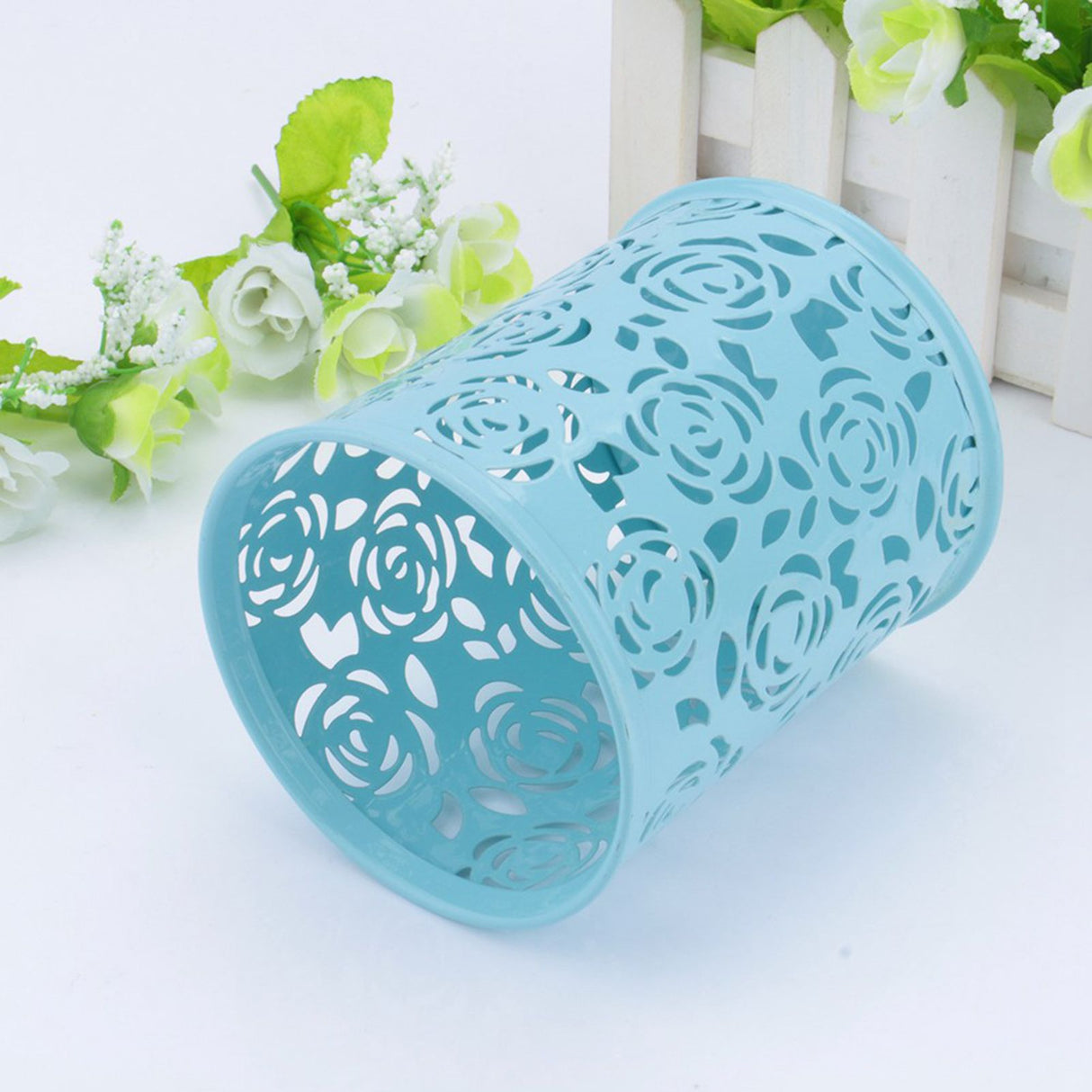 Office Desk Hollow Rose Flower Pattern Pen Pencil Pot Holder Container Organizer(Blue)