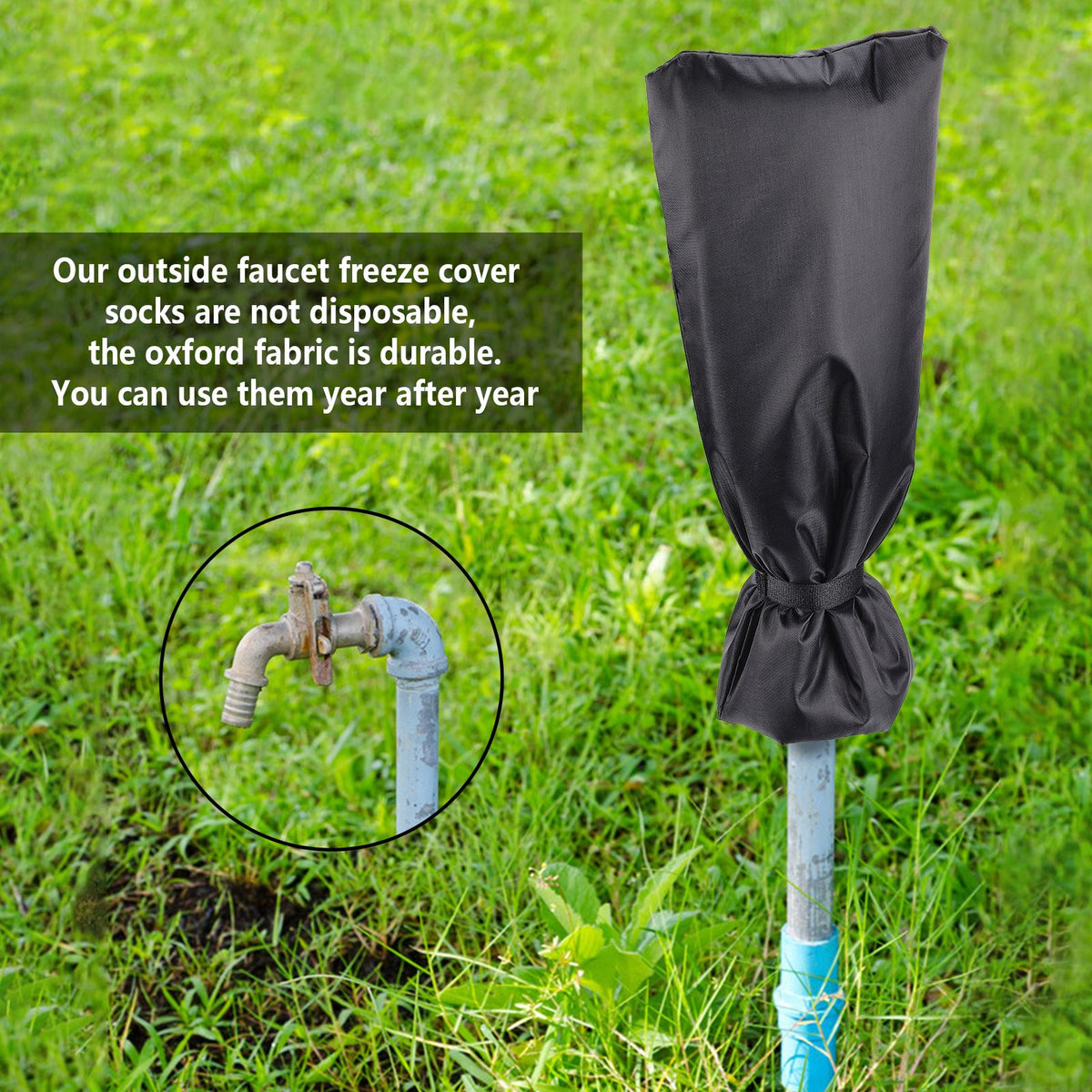 Outdoor Faucet Cover Oxford Cloth Freeze Protection Reusable Garden Faucet Socks for Winter Cold Weather Black