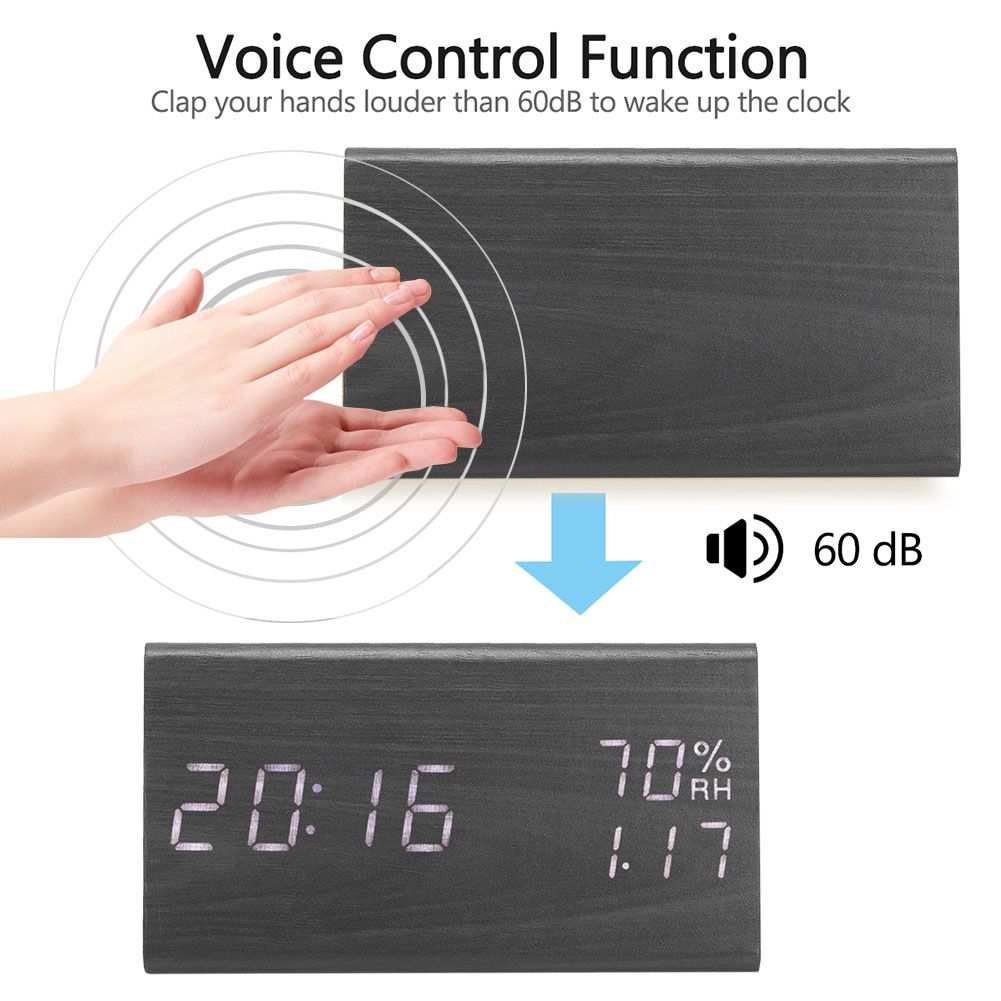 Wooden Alarm Clock, Wood LED Digital Desk Clock With Time Temperature Adjustable Brightness
