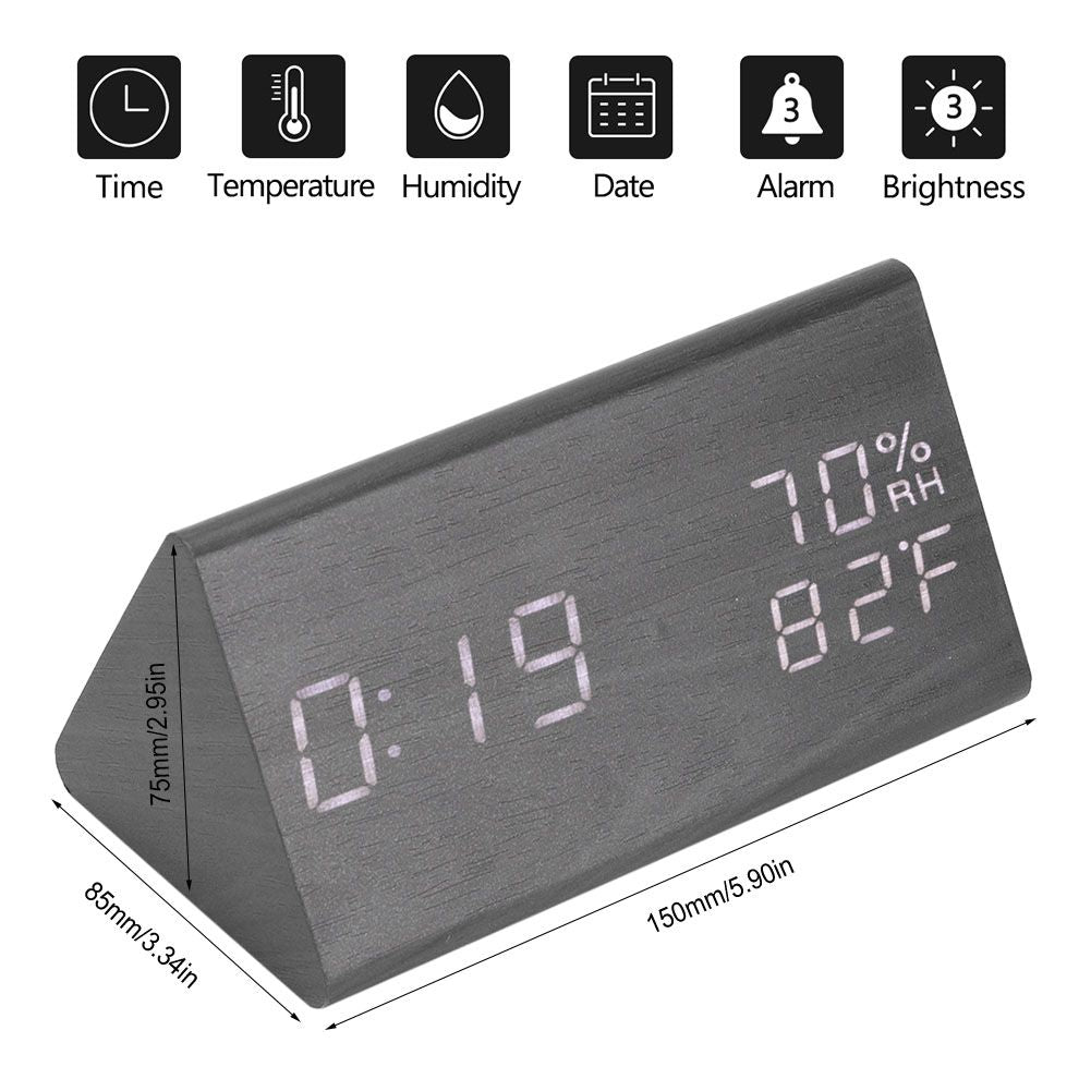 Wooden Alarm Clock, Wood LED Digital Desk Clock With Time Temperature Adjustable Brightness