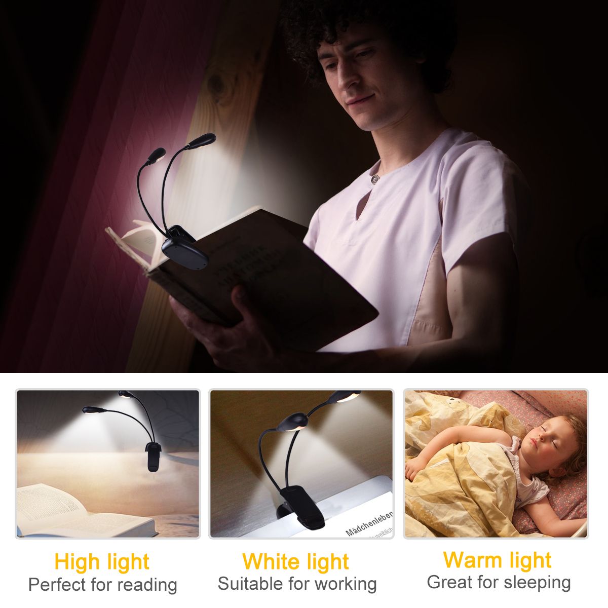 Reading Light, 14 LED USB Rechargeable and Eyecare Book Light, Flexible Clip Reading Lamp