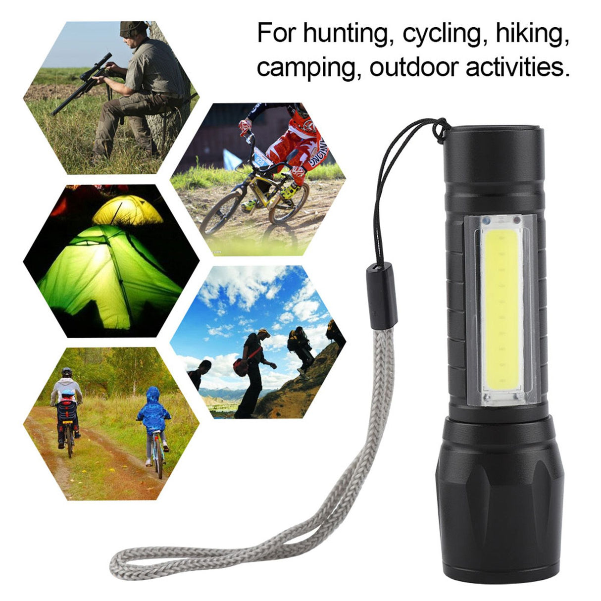 Portable XPE + COB Waterproof Telescopic Zoom 3 Modes LED Torch Outdoor