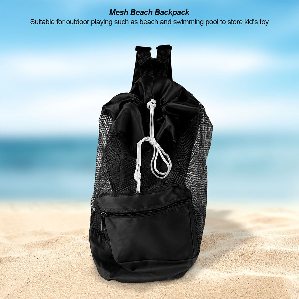Portable Children Kids Mesh Drawstring Backpack Outdoor Beach Shell Toy Storage Bag (Black)