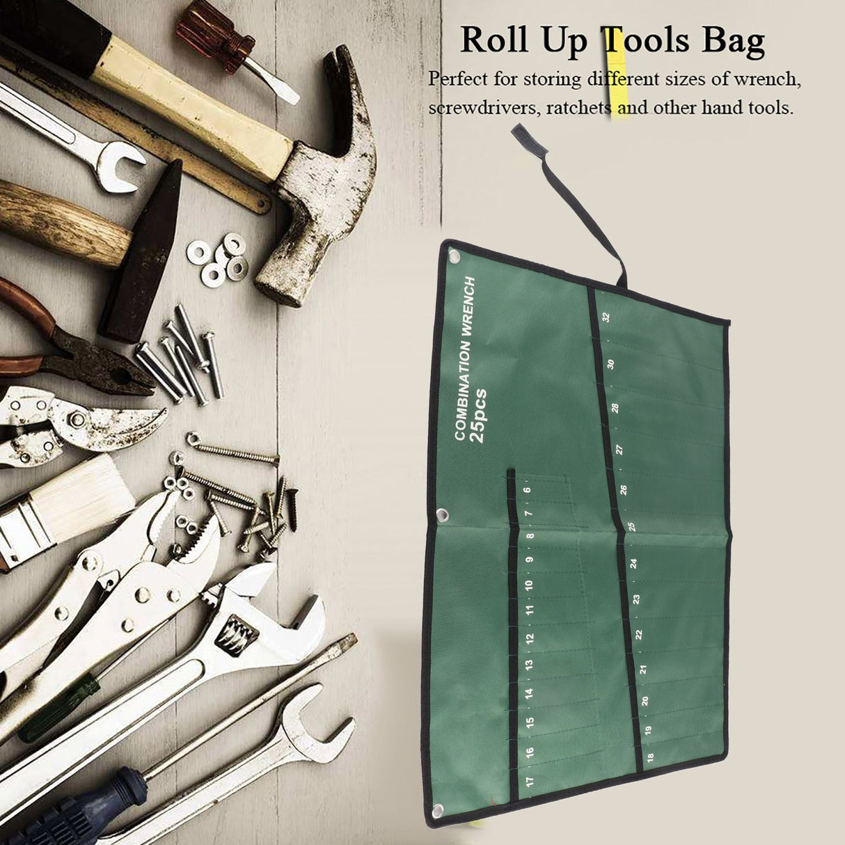 Multi Pocket Canvas Roll Up Tools Storage Bag Spanner Plier Wrench Holder Organizer(25 Pockets)