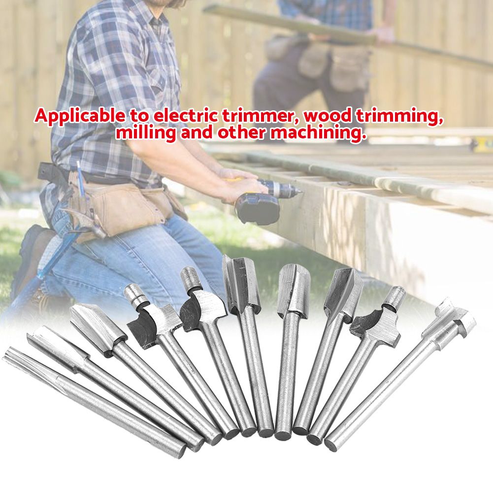 10pcs/Set 1/8in Shank High Speed Steel Milling Cutter Router Bits Woodworking Part Tool