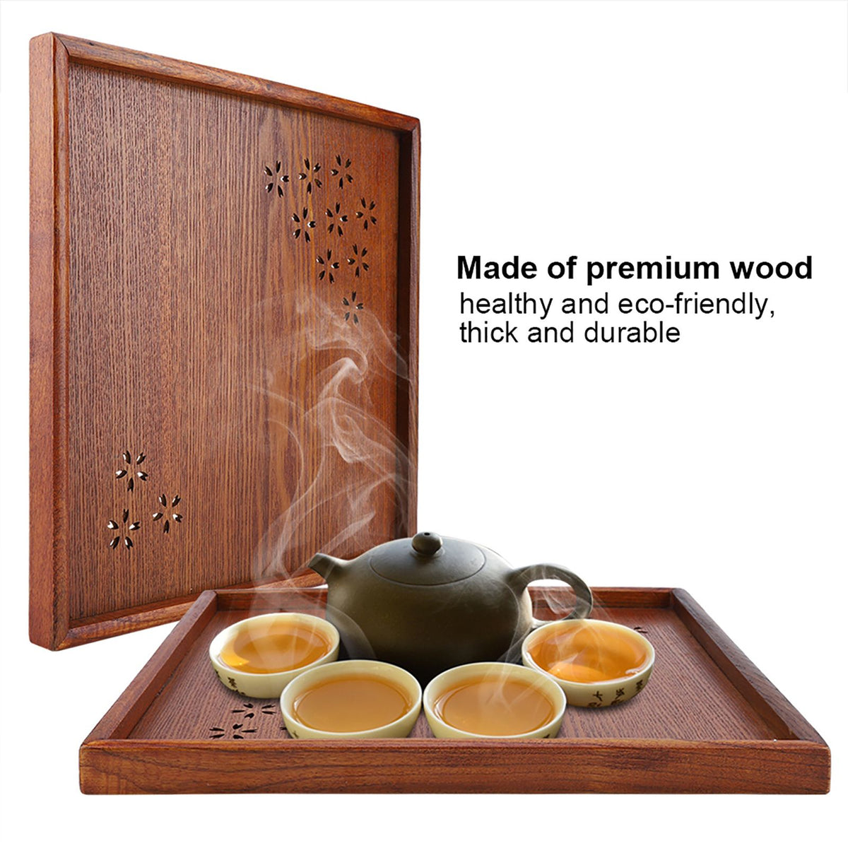 Traditional Wooden Tea Plate Coffee Fruits Snacks Serving Tray Dish for Home Restaurant 34*34cm