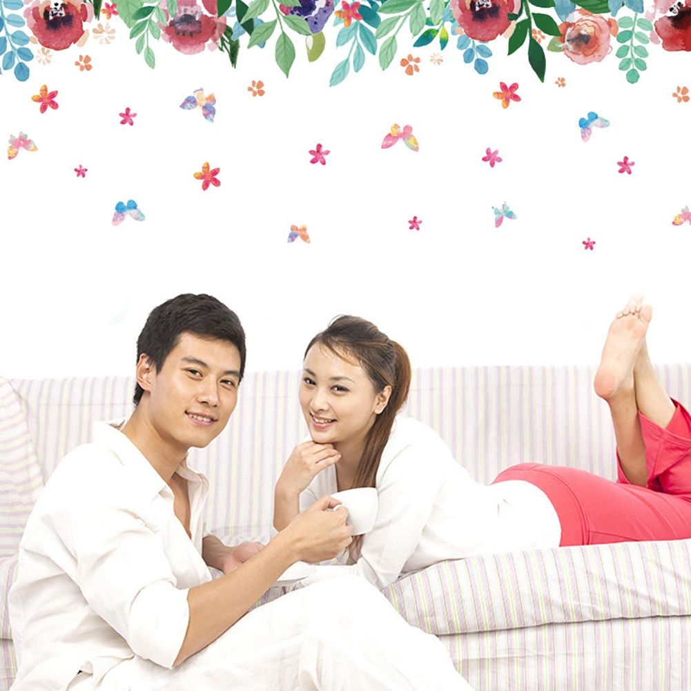 Green Leaves Flowers Pattern Sticker Living Room Bedroom Backdrop Wall Decorative Decal(XH7212)
