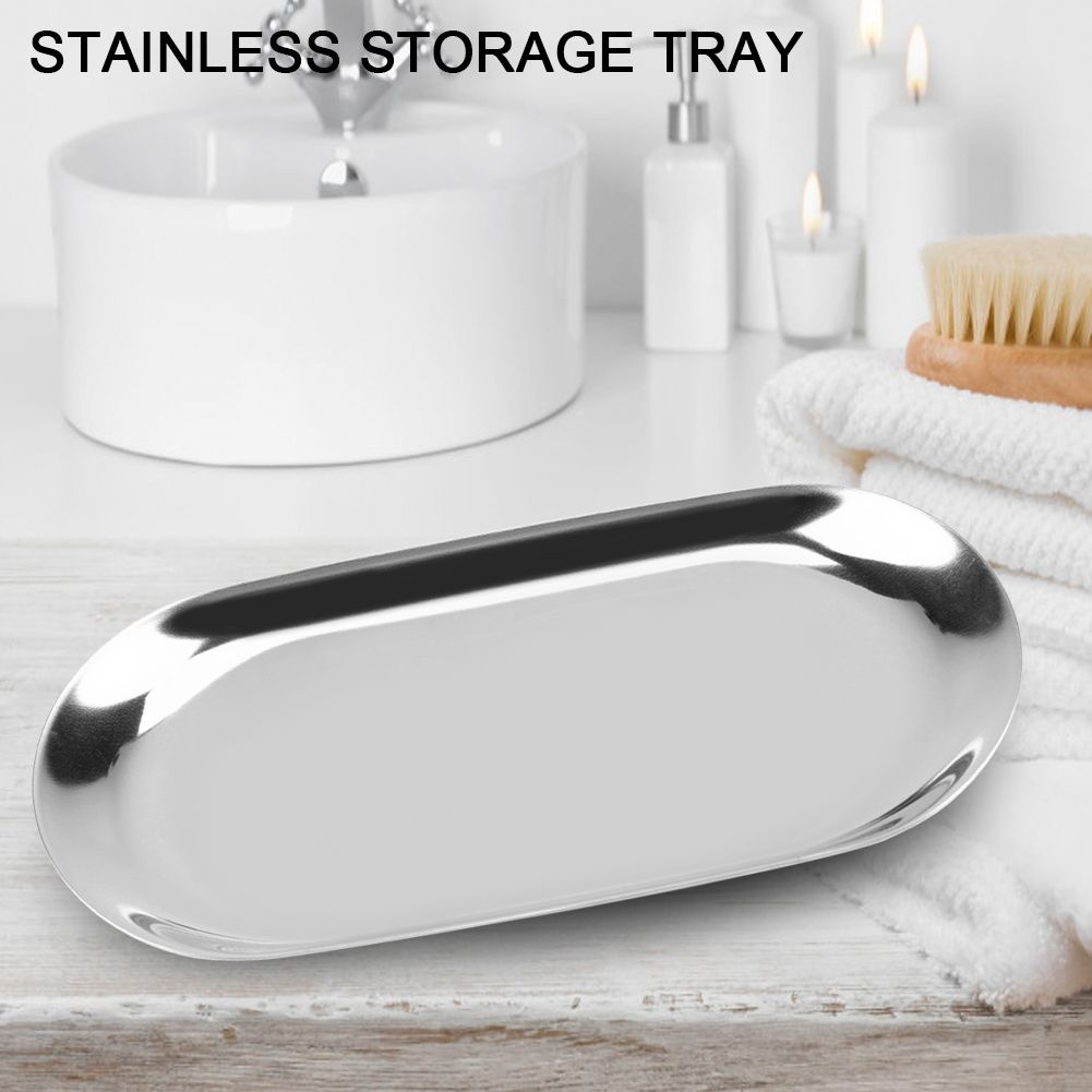 Nordic Style Stainless Storage Tray Cosmetics Jewelry Cake Plate for Office Desks(Silver L)