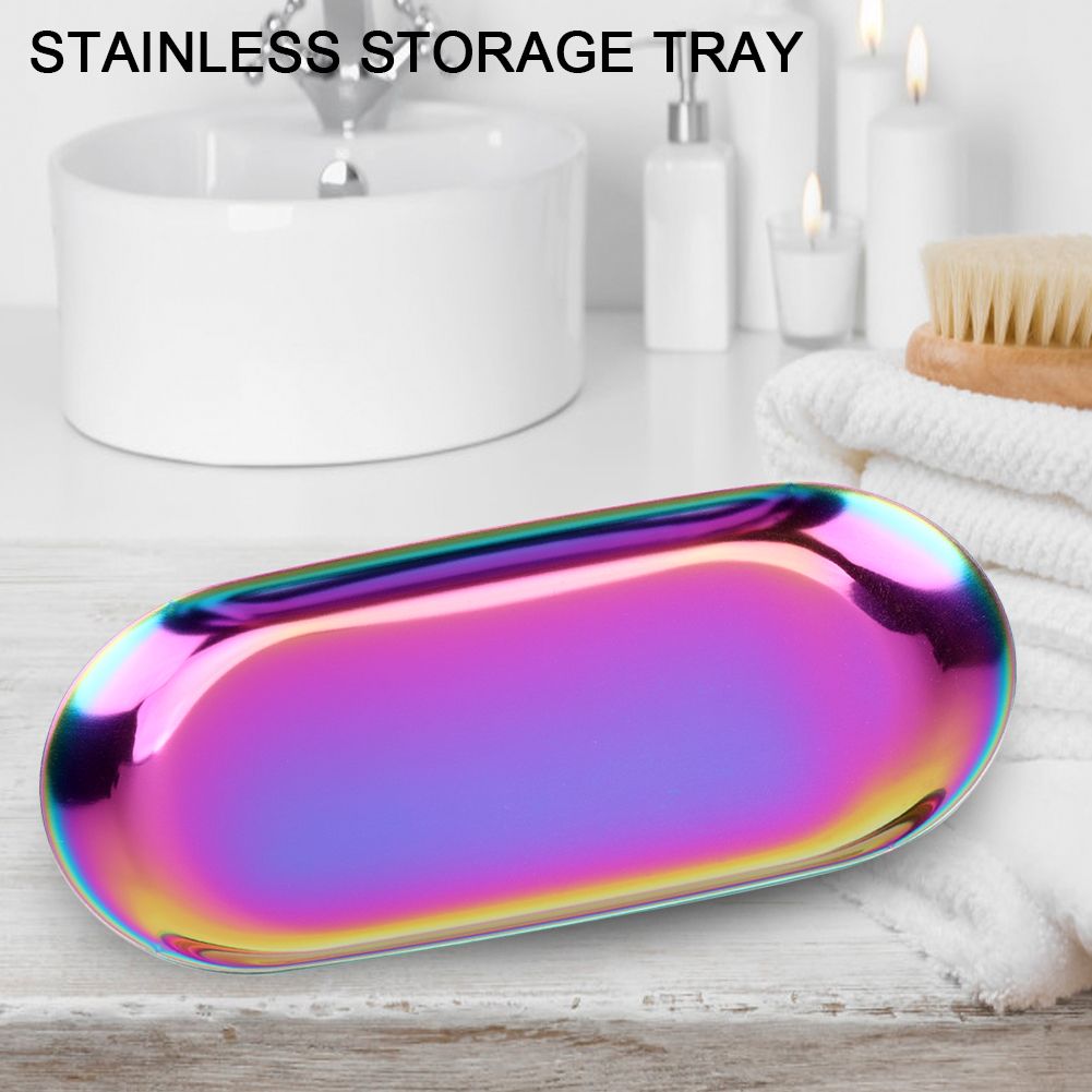 Nordic Style Stainless Storage Tray Cosmetics Jewelry Cake Plate for Office Desks(Rainbow S)