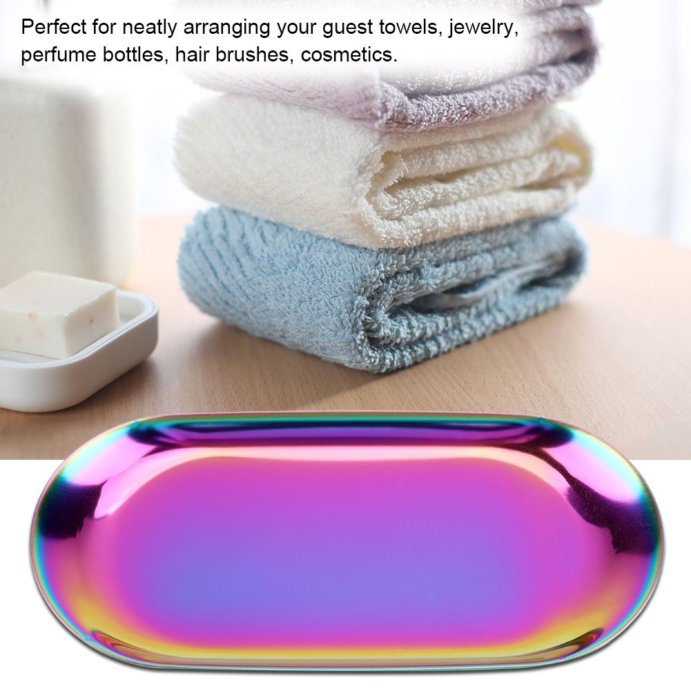 Nordic Style Stainless Storage Tray Cosmetics Jewelry Cake Plate for Office Desks(Rainbow L)