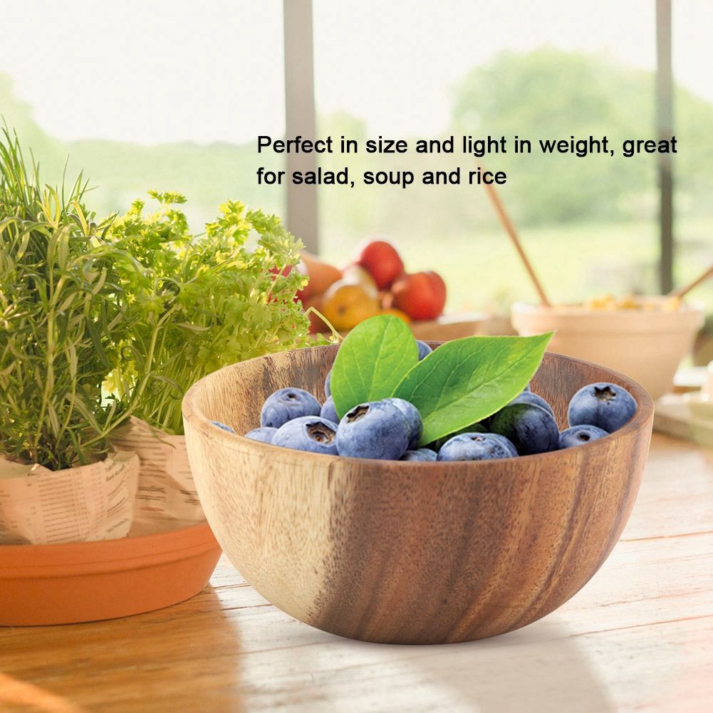 Solid Acacia Wooden Bowl for Salad Soup Rice Hand Made Wooden Bowl Kitchen Utensils (16*7cm)