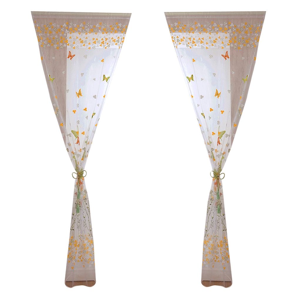 100 x 200 cm Butterfly Print Sheer Vintage Embroidery Voile Window Panels Yellow & Green